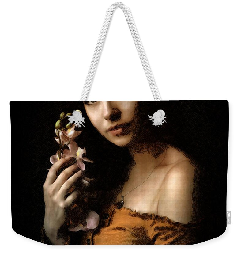 Woman Weekender Tote Bag featuring the digital art Woman With Orchid by Chris Armytage
