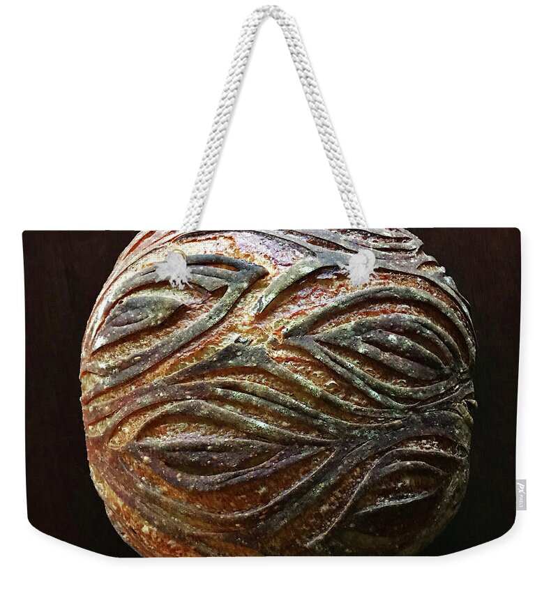 Bread Weekender Tote Bag featuring the photograph Woodgrain And Swirl Scored Sourdough 5 by Amy E Fraser