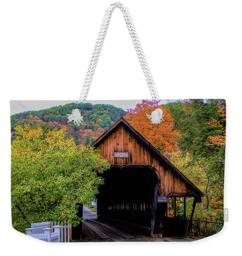 Woodstock Covered Bridge Weekender Tote Bag featuring the photograph Woodstock Middle Bridge in October by Jeff Folger