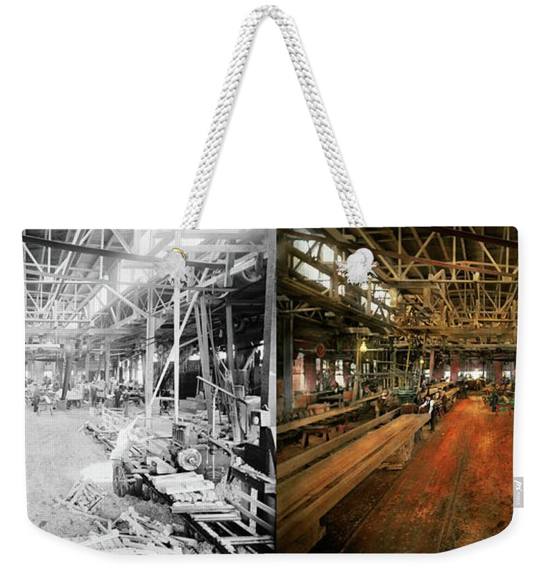 Woodworker Weekender Tote Bag featuring the photograph Woodworker - Board stiff 1905 - Side by Side by Mike Savad