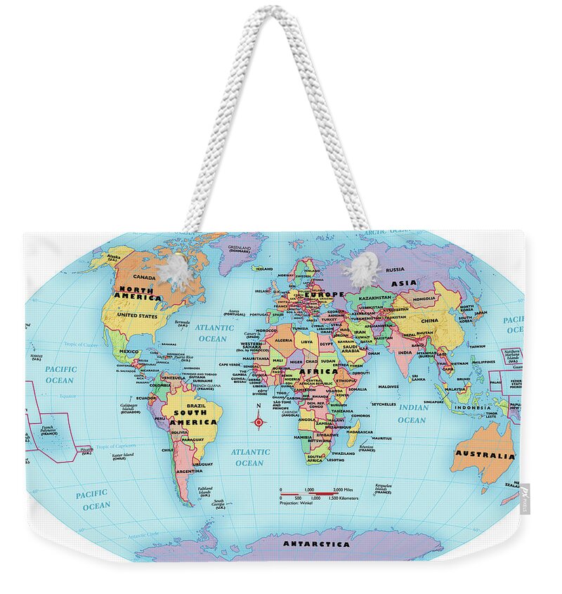 Horizontal Weekender Tote Bag featuring the digital art World Map, Continent And Country Labels by Globe Turner, Llc