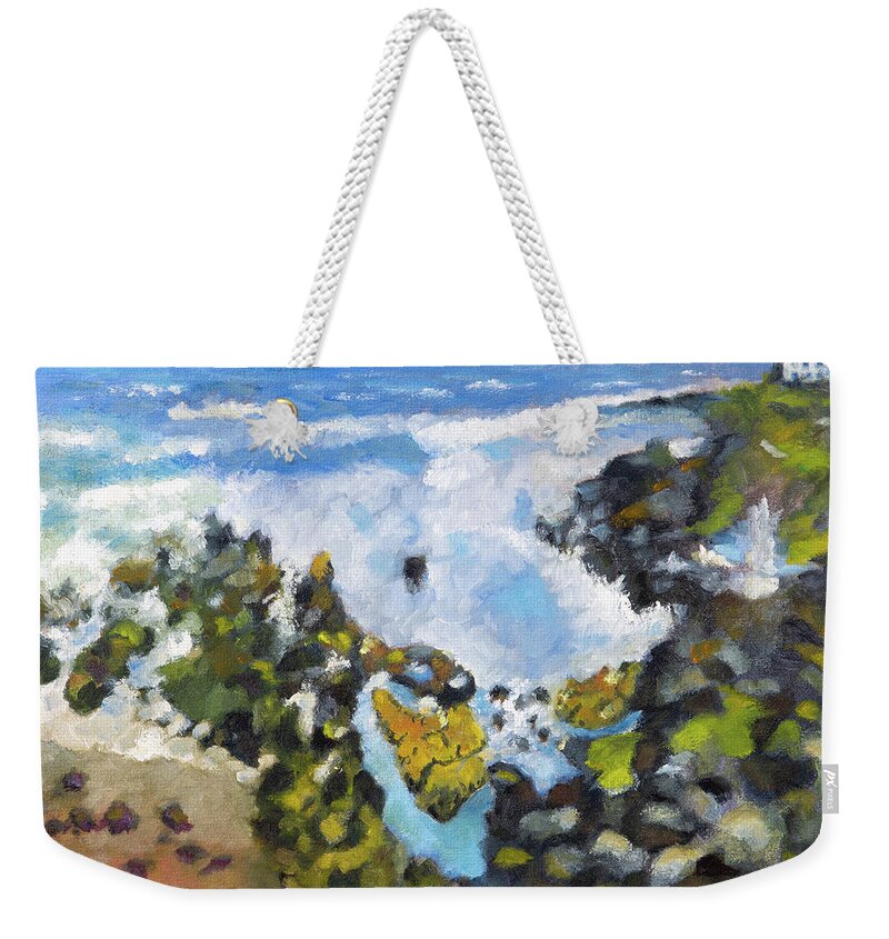 Yachats Weekender Tote Bag featuring the painting Yachats Surf by Mike Bergen