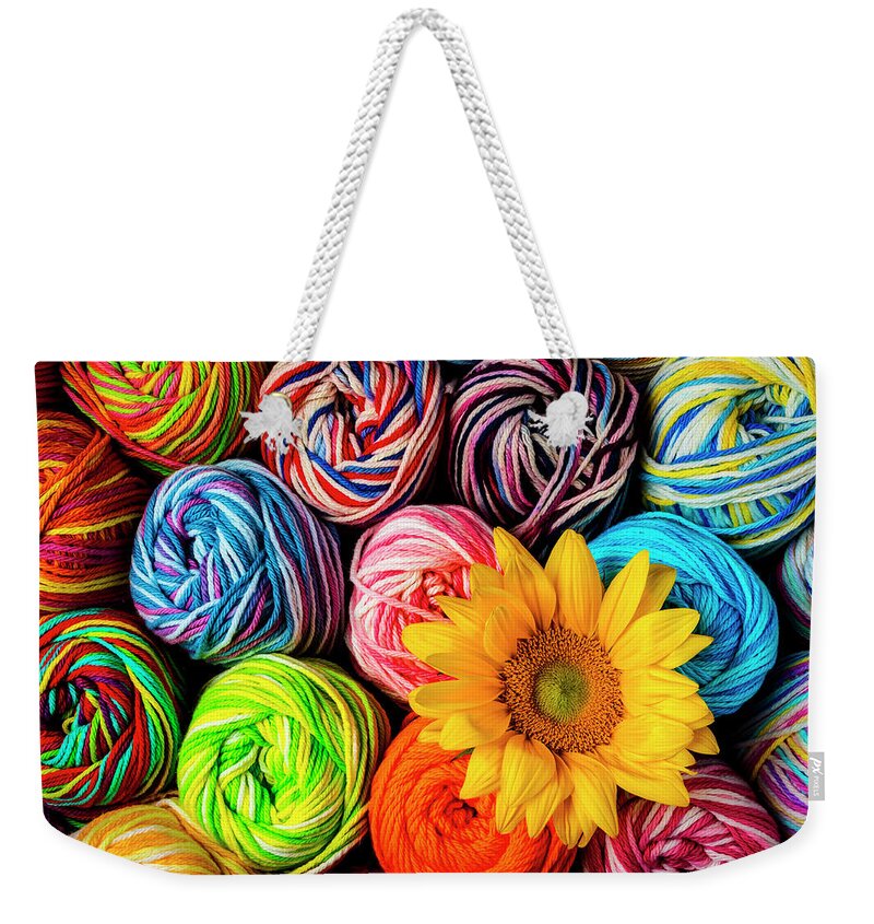 Colorful Yarn Weekender Tote Bag featuring the photograph Yarn With Sunflower by Garry Gay