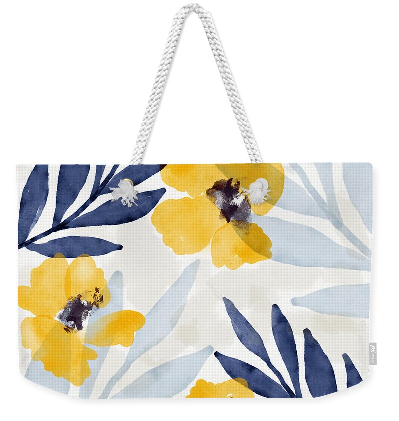 Flowers Weekender Tote Bag featuring the mixed media Yellow and Navy 1- Floral Art by Linda Woods by Linda Woods