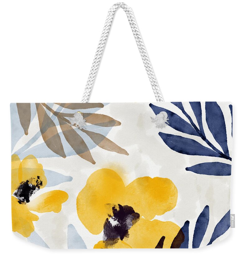 Flowers Weekender Tote Bag featuring the mixed media Yellow and Navy 3- Floral Art by Linda Woods by Linda Woods