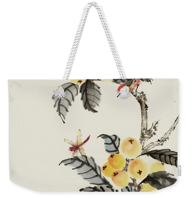 Chinese Watercolor Weekender Tote Bag featuring the painting Bird and Dragonfly On the Loquat Tree by Jenny Sanders