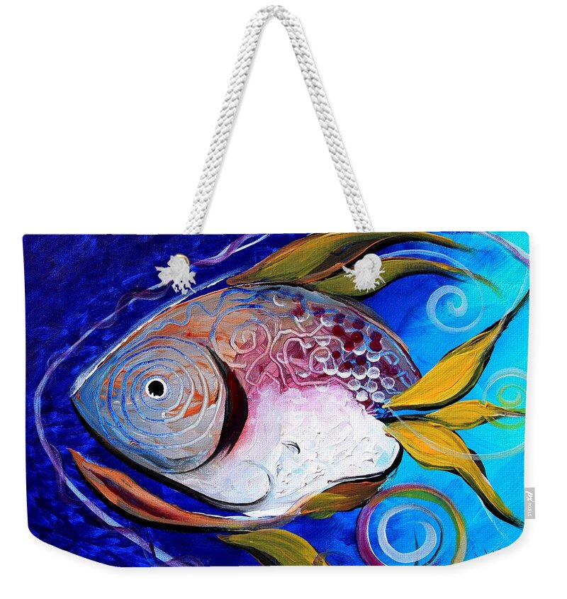 #fishart #fish #art #blue #fin #artfish #gulf #fishing #beachhouse #beach #color #coloful #detail #scarpace #ocean #sportfishing #abstract Weekender Tote Bag featuring the painting Yellow Fin Integral by J Vincent Scarpace