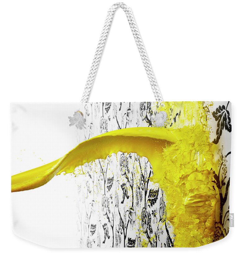 Art Weekender Tote Bag featuring the photograph Yellow Paint Splattering On Wallpaper by Biwa Studio