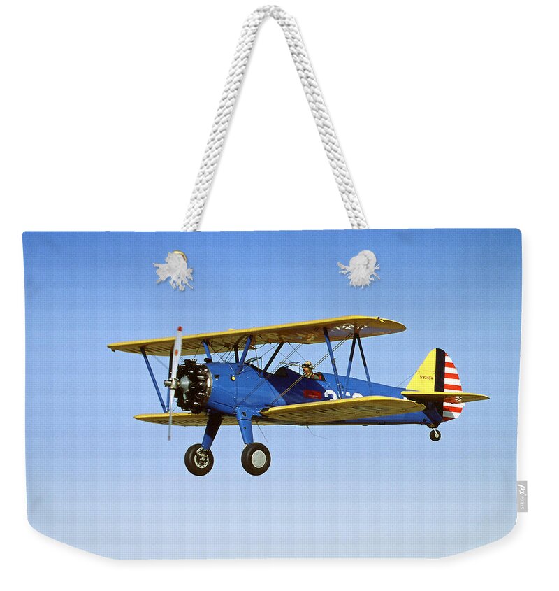 Crop Sprayer Weekender Tote Bag featuring the photograph Yellow Stearman 9046v Bi-plane Flying by Diane Miller