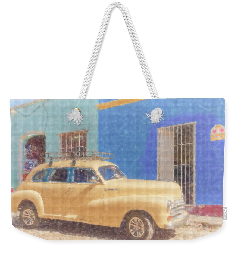 Yellow Weekender Tote Bag featuring the photograph Yellow Taxi Trinidad Cuba II by Joan Carroll