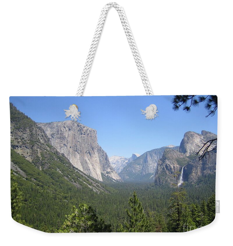 Yosemite Weekender Tote Bag featuring the photograph Yosemite National Park Yosemite Valley Bridal Veil Falls View with Half Dome and El Capitan by John Shiron