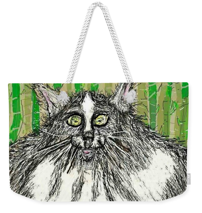 Cat Weekender Tote Bag featuring the drawing Yoshi the Fluffy Cat by Kathy Barney