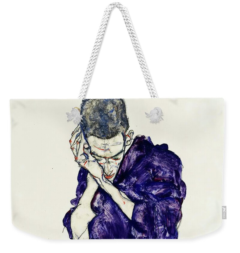 Egon Schiele Weekender Tote Bag featuring the painting Young Man In Purple Robe With Clasped Hands by Egon Schiele