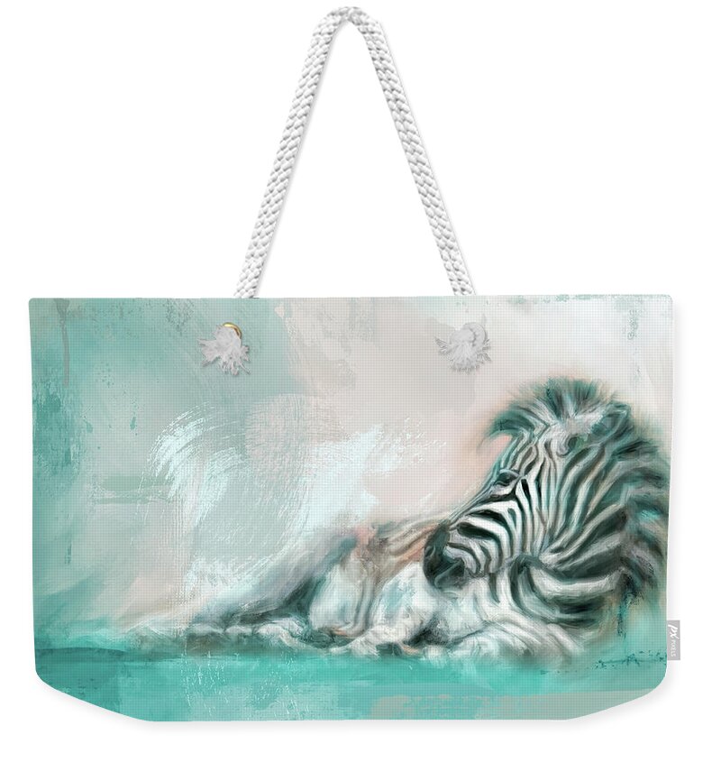 Colorful Weekender Tote Bag featuring the painting Zebra At Rest Coastal Colors by Jai Johnson