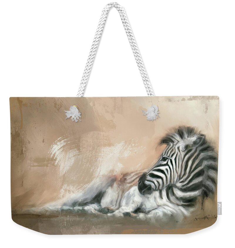 Colorful Weekender Tote Bag featuring the painting Zebra At Rest by Jai Johnson