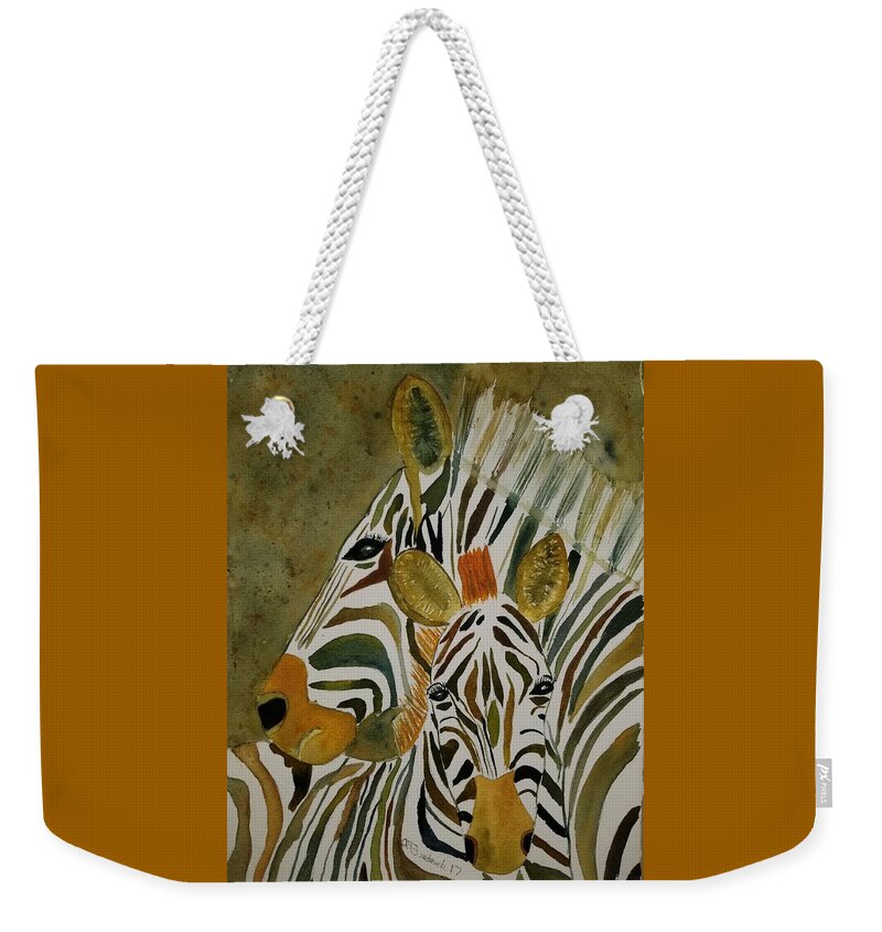 Zebra Weekender Tote Bag featuring the painting Zebra Jungle by Ann Frederick