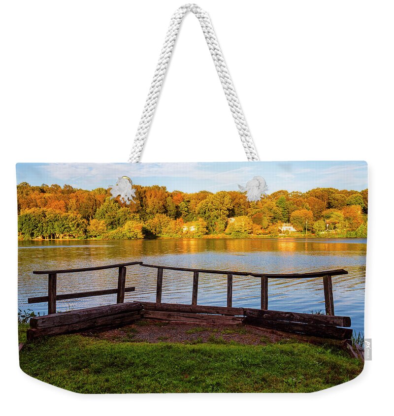 Gorton Pond; East Lyme; Zen Weekender Tote Bag featuring the photograph Zen Pond in Autumn by Marianne Campolongo