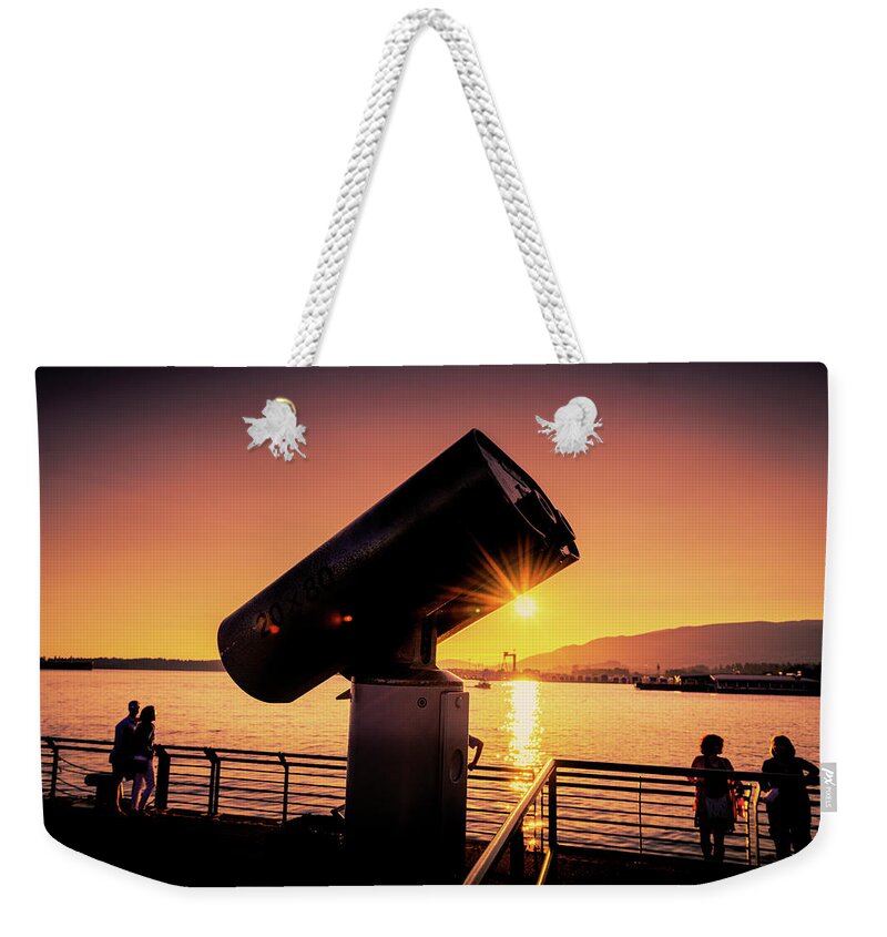 The Shipyards District Lower Lonsdale Weekender Tote Bag featuring the photograph 0105 Sunset Lonsdale Quay North Vancouver by Amyn Nasser Neptune Gallery