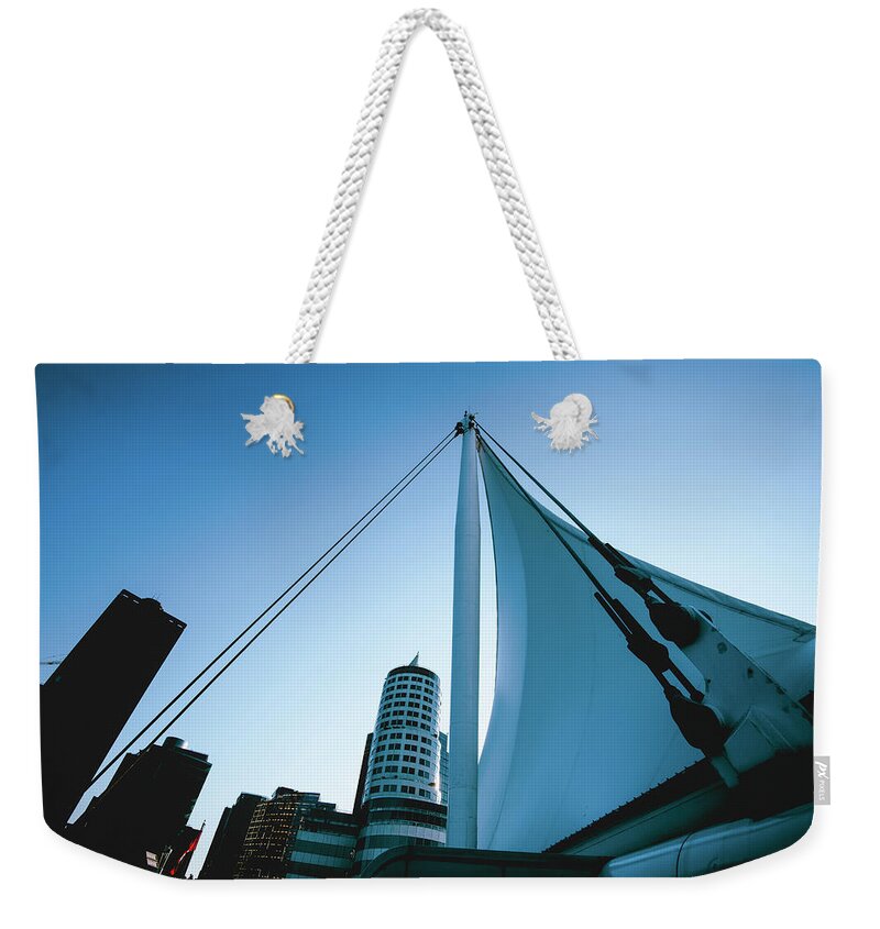 Port Of Vancouver Weekender Tote Bag featuring the photograph 0178 Port of Vancouver Sails Canada Place by Amyn Nasser Neptune Gallery