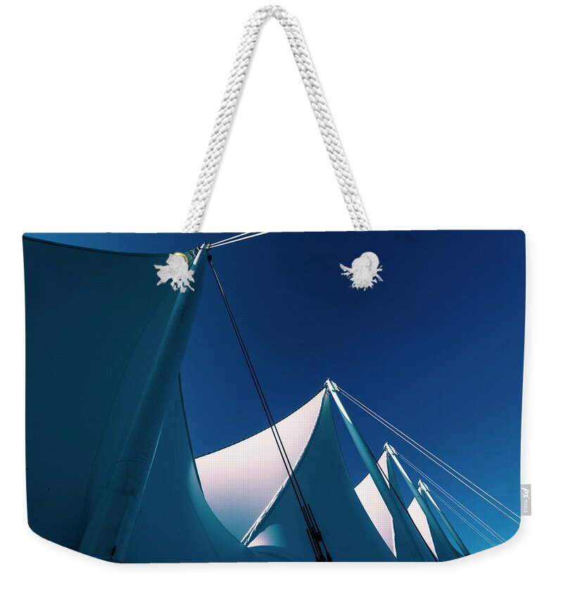 Port Of Vancouver Weekender Tote Bag featuring the photograph 0183 Port of Vancouver Sails Canada Place by Amyn Nasser Neptune Gallery