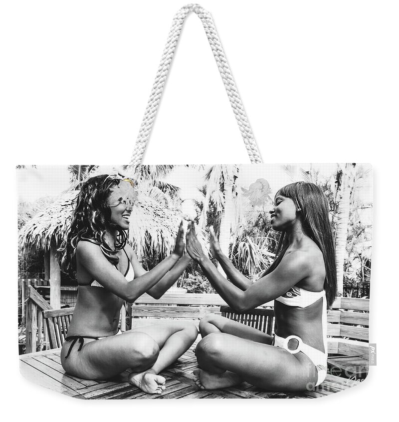 Two Girls Fun Fashion Photography Art Weekender Tote Bag featuring the photograph 0882 Lilisha Dominique Girlfriend Fun Beach House by Amyn Nasser