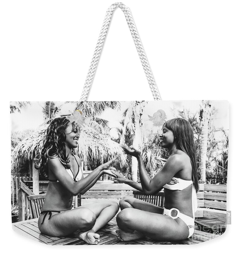 Two Girls Fun Fashion Photography Art Weekender Tote Bag featuring the photograph 0883 Lilisha Dominique Girlfriends Cranes Beach House Delray by Amyn Nasser