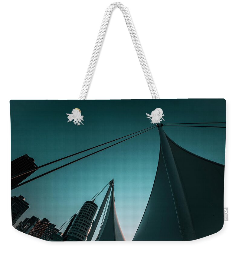 Port Of Vancouver Weekender Tote Bag featuring the photograph 0185 Port of Vancouver Sails Canada Place by Amyn Nasser Neptune Gallery