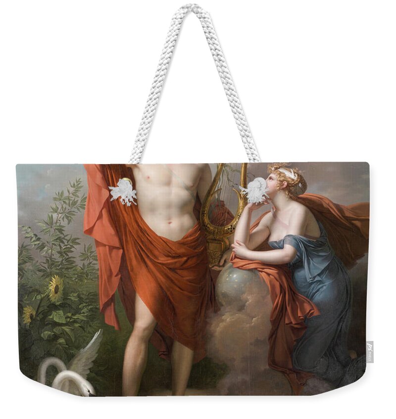 Charles Meynier Weekender Tote Bag featuring the painting Apollo, God of Light, Eloquence, Poetry and the Fine Arts with Urania, Muse of Astronomy by Charles Meynier