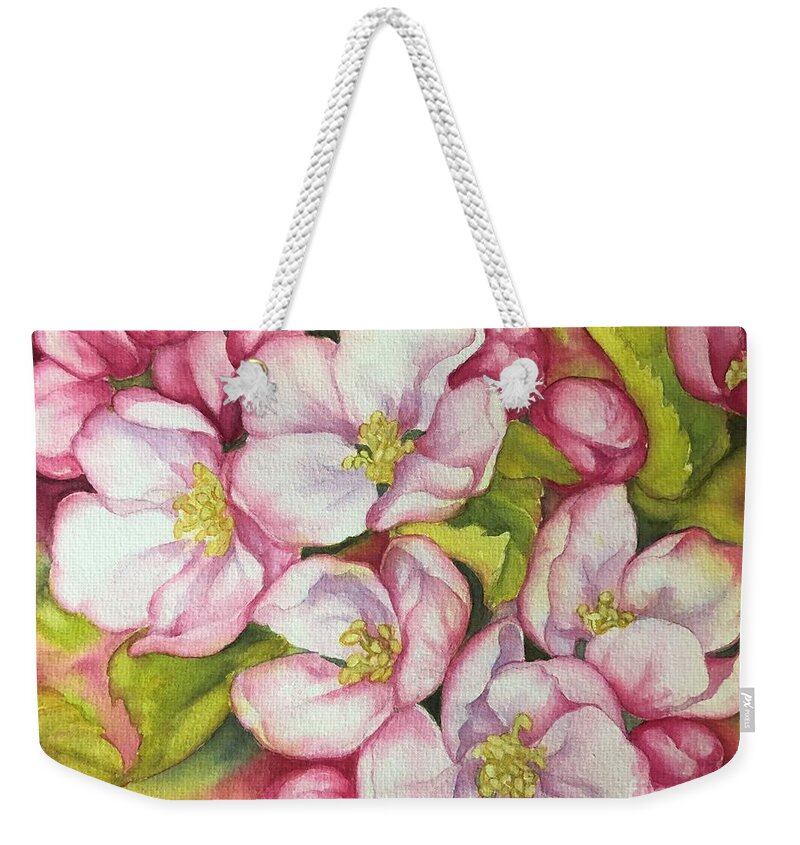 Apple Blossoms Weekender Tote Bag featuring the painting Apple blossoms #1 by Inese Poga