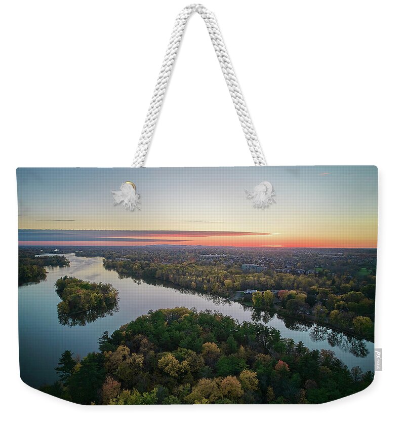 Drone Weekender Tote Bag featuring the photograph Areal Sunset on the MilleIles river by Carl Marceau