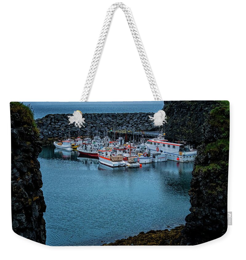 Iceland Weekender Tote Bag featuring the photograph Arnarstapi Fishing Boats by Tom Singleton