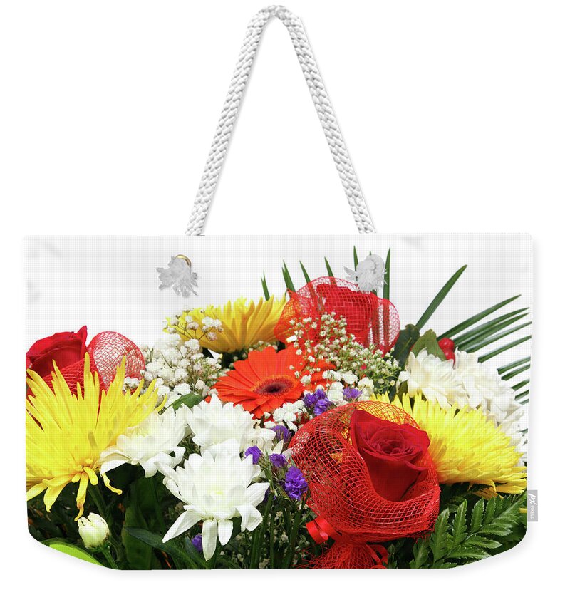 Bouquet Weekender Tote Bag featuring the photograph Assorted Flowers In Bouquet Closeup #1 by Mikhail Kokhanchikov