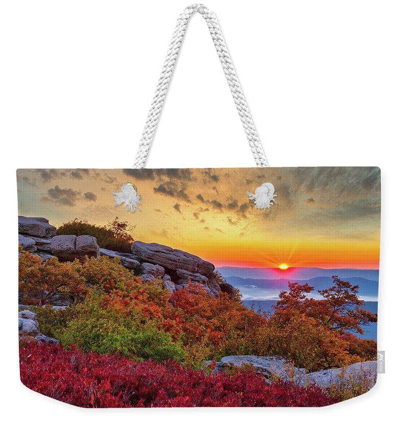 Fall Weekender Tote Bag featuring the photograph Autumn Sunrise on the Rocks #2 by Dan Carmichael