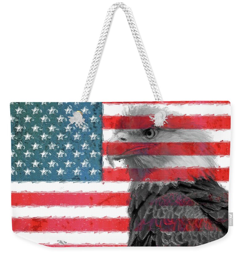Patriotic Eagle Weekender Tote Bag featuring the mixed media Bald Eagle American Flag #1 by Dan Sproul