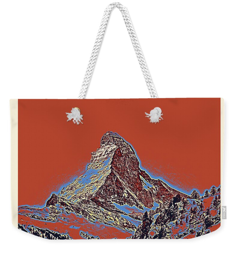Blood Moon Over Matterhorn Weekender Tote Bag featuring the painting Blood Moon over Matterhorn, Zermatt, Switzerland Travel Poster v2 by Ahmet Asar #1 by Celestial Images