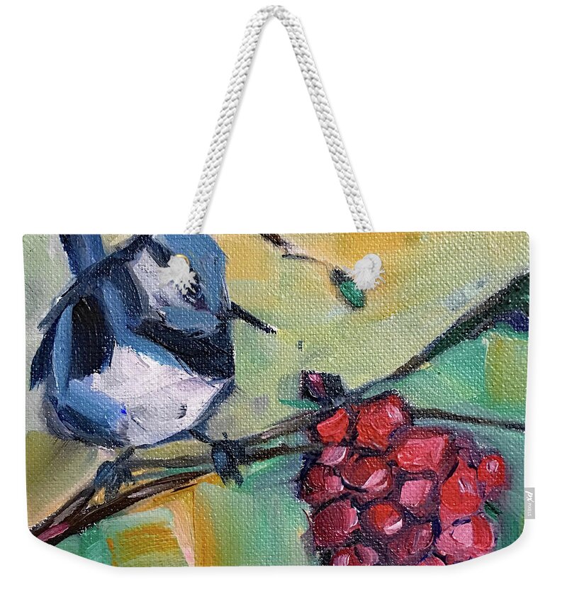 Blue Wren Weekender Tote Bag featuring the painting Blue Wren with Grapes #2 by Roxy Rich