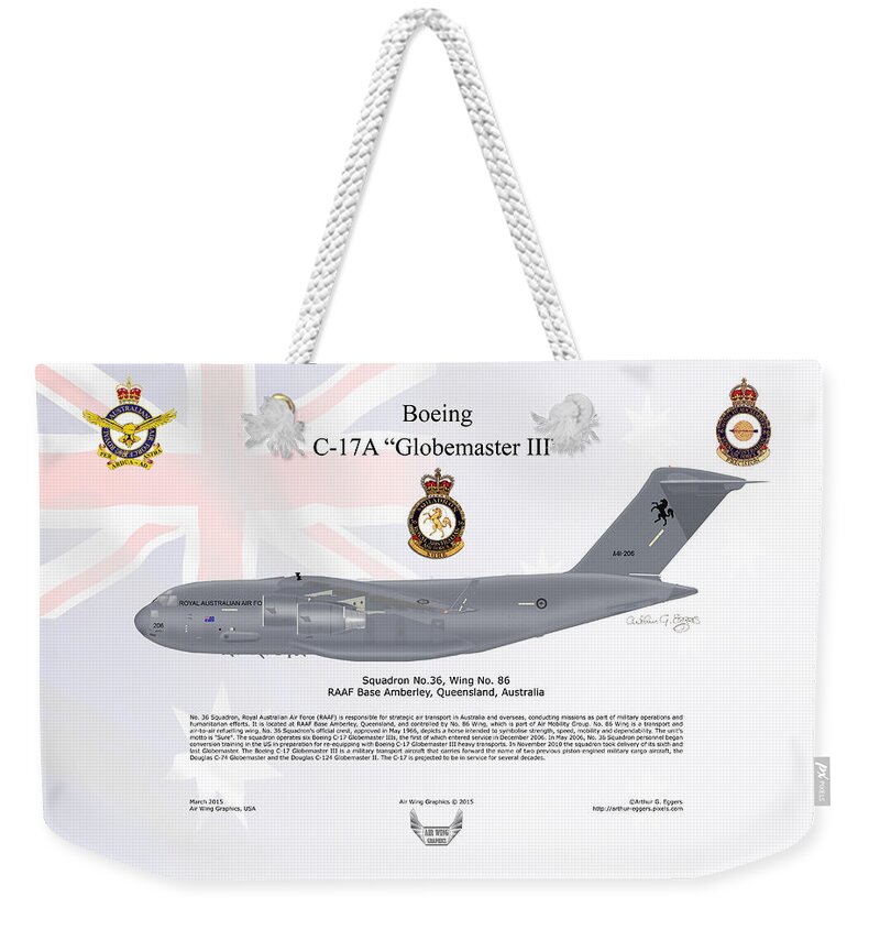 Boeing Weekender Tote Bag featuring the digital art Boeing C-17 Globemaster III FLAG BACKGROUND by Arthur Eggers