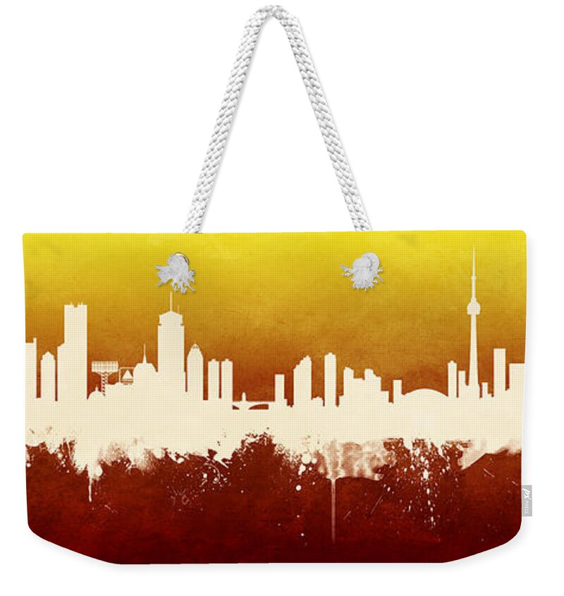 Boston Weekender Tote Bag featuring the digital art Boston and Toronto Skyline Mashup #1 by Michael Tompsett