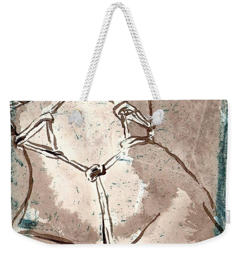 Nude Weekender Tote Bag featuring the drawing Bound by M Bellavia