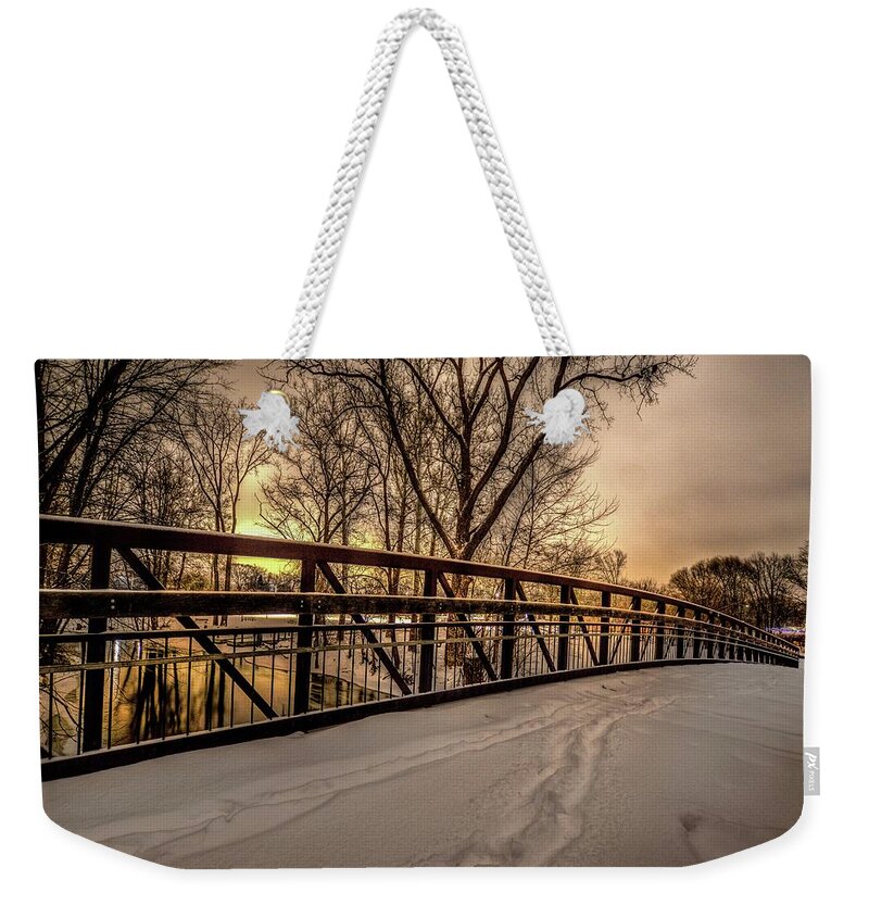 Snowy Weekender Tote Bag featuring the photograph Bridge at Night in the Snow V2 DSC_0087 #2 by Michael Thomas