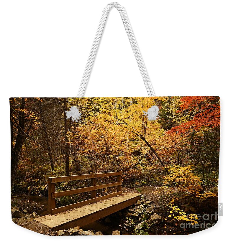 Landscape Weekender Tote Bag featuring the photograph Bridge to Autumn #1 by Larry Ricker