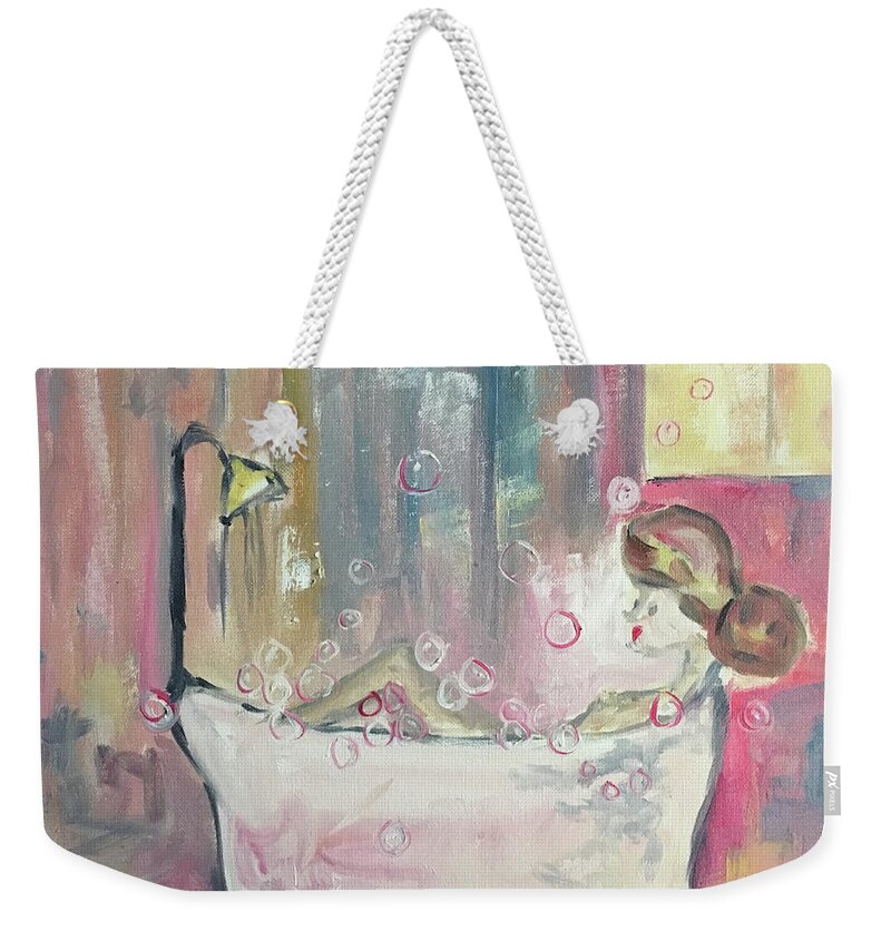 Bubble Bath Weekender Tote Bag featuring the painting Bubble Bath #1 by Roxy Rich