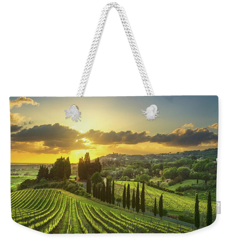 Casale Weekender Tote Bag featuring the photograph Vineyards in Alta Maremma at Sunset by Stefano Orazzini