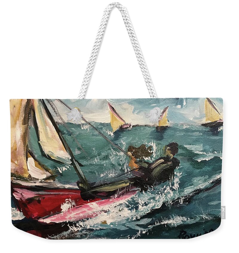 Catamaran Weekender Tote Bag featuring the painting Cat Sailing #1 by Roxy Rich