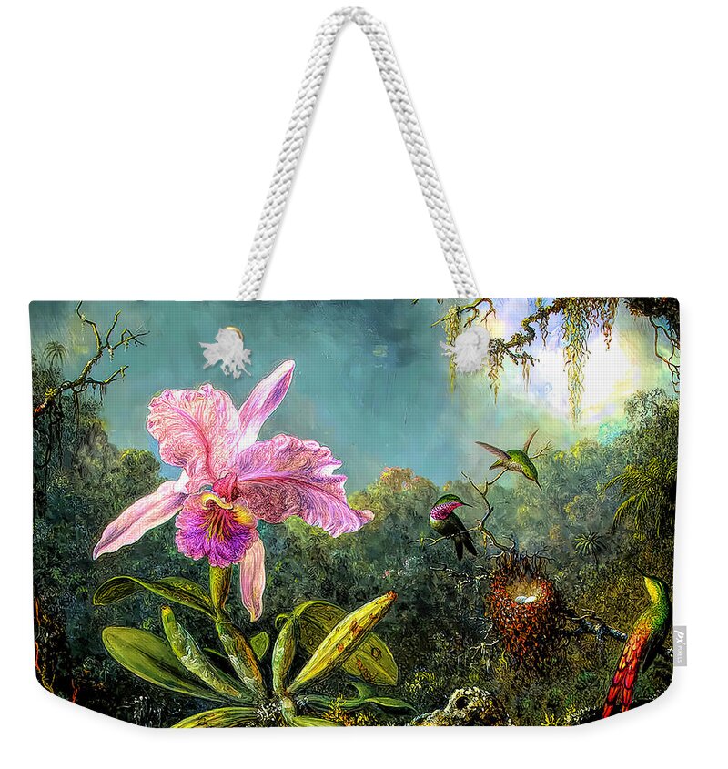 Cattleya Orchid And Three Brazilian Hummingbirds Weekender Tote Bag featuring the painting Cattleya Orchid and Three Brazilian Hummingbirds by Martin Johnson Heade