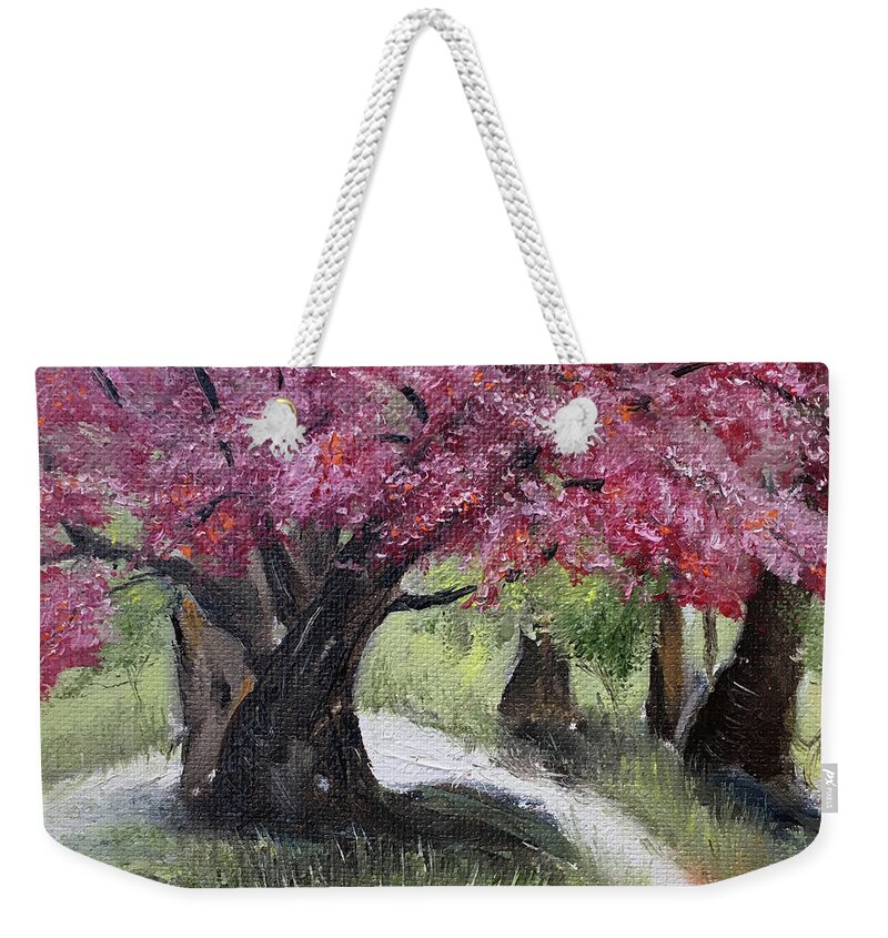 Cherry Blossoms Weekender Tote Bag featuring the painting Cherry Blossoms in the Park #1 by Roxy Rich