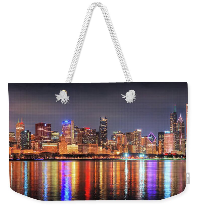 Chicago Skyline Weekender Tote Bag featuring the photograph Chicago Skyline 2021 NIGHT Panorama by Jon Holiday