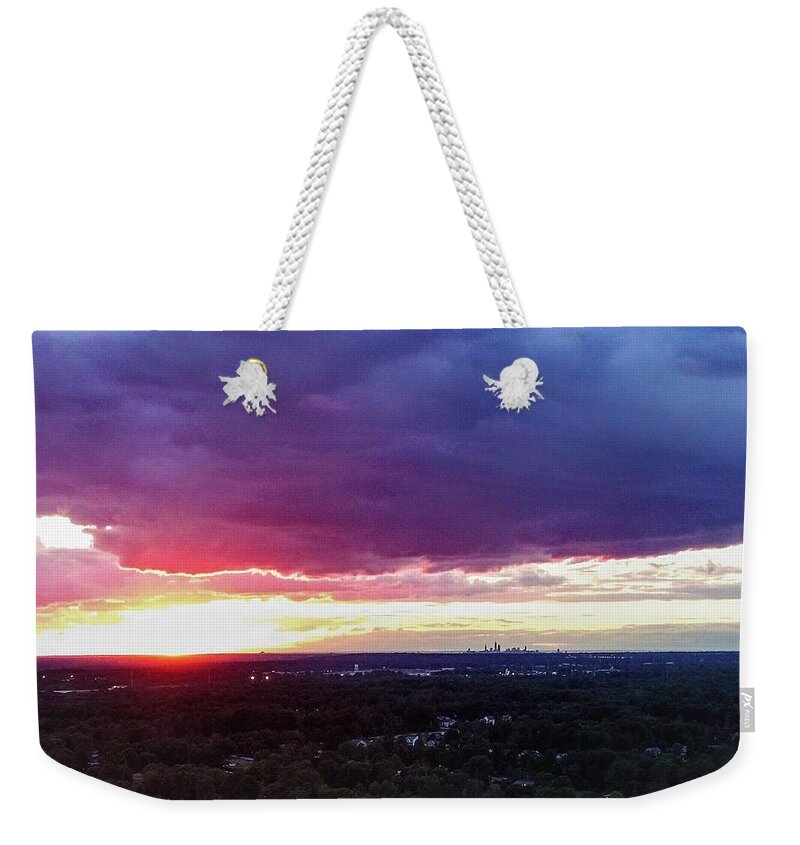  Weekender Tote Bag featuring the photograph Cleveland Sunset - Drone by Brad Nellis