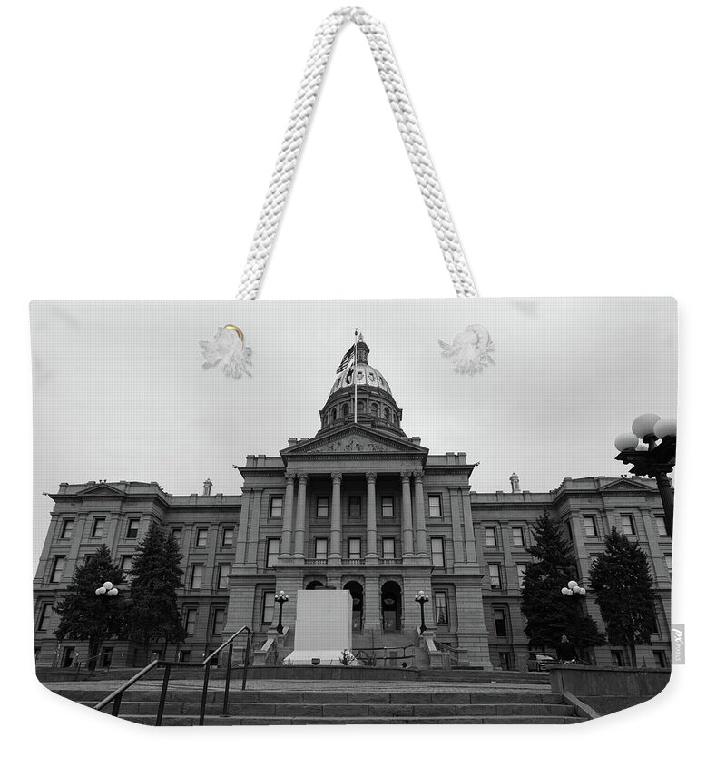 Usa Government Weekender Tote Bag featuring the photograph Colorado state capitol building in Denver Colorado in black and white #1 by Eldon McGraw