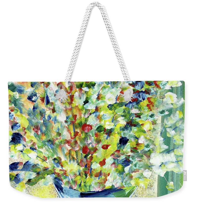 Flowers Weekender Tote Bag featuring the painting Colorful Flowers in Vase #1 by Ekaterina Yakovina